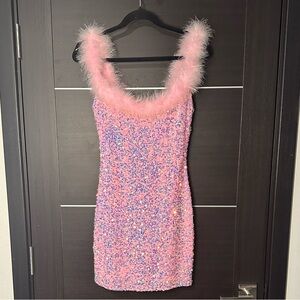 Barbie-pink Dress! B Darlin Pink Sequin Dress with Feather on or off shoulder